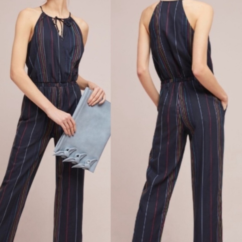 Anthropologie x DOLAN Navy Blue with Rainbow Stripes Halter Jumpsuit Romper XS